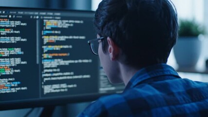 Young Programmer Looking at Lines of Code on Computer Monitor