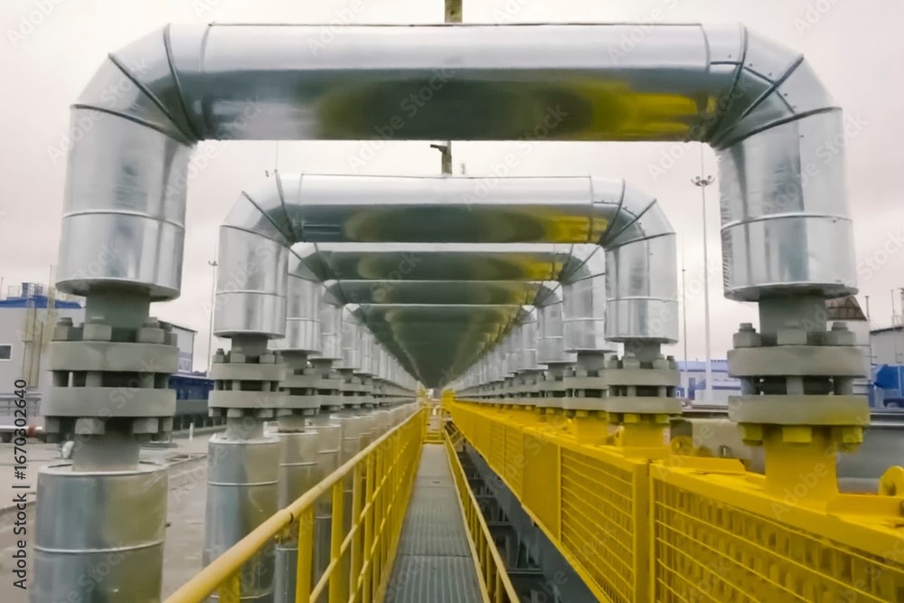 Pipe Platform Arched form of pipes above the inspection platform. Pipelines and gate ...
