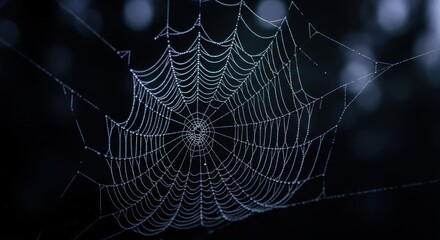 Spiderweb glistening with dew drops against a dark background in a nature close up shot