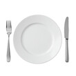 © Viola - White ceramic dinner plate, silver fork and knife, perfectly aligned on a transparent background with clean negative space, concept of elegant dining minimalism