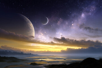 Wall Mural - A beautiful night sky with a large moon and two smaller moons