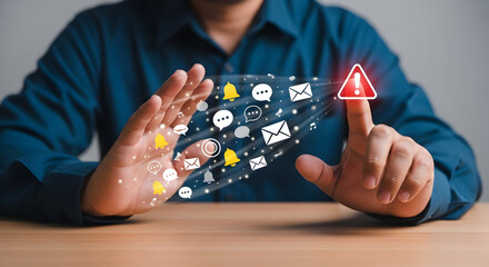 Man Interacting with Digital Notification Icons for Alerts and Communication