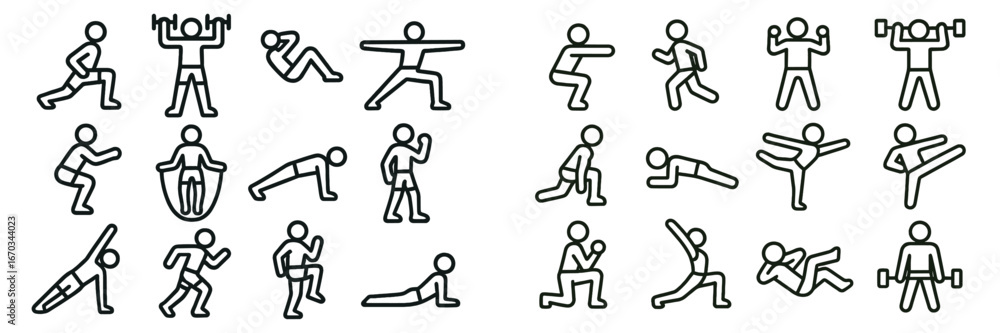 Fitness exercises icon set featuring various activities including ...