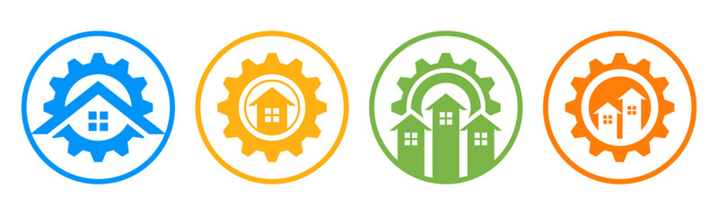 Set of gear with house icon vector symbol. Representing innovation, solution, and real estate