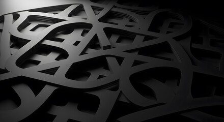 An abstract dark background with an intricate pattern of interlocking shapes. A modern, complex, and futuristic design with a sense of depth and technology.