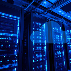 cloud computing solutions infrastructure hybrid. Data center filled with server racks, illuminated by blue lights, showcasing a modern technological environment.