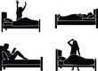 © Shirina - Black silhouettes of people in bed, waking, sleeping, reading, stretching, lifestyle illustration, morning routine, sleep habits, vector design