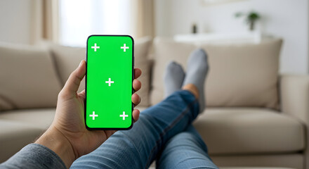 Holding Phone with Green Screen on Couch in Living Room