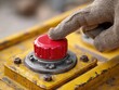 © sakon - Gloved hand pressing industrial red emergency stop button on yellow machinery panel