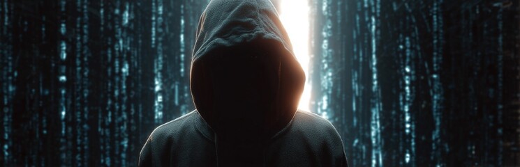 Hooded silhouette stands shrouded in mystery before a digital matrix backdrop illuminated by backlight