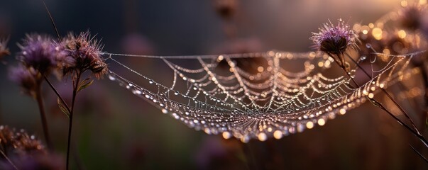 Dew-covered spider web glistening in morning light among meadow flowers