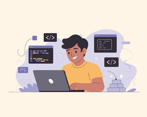 Happy Programmer Coding on Laptop Software Development Illustration