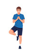 © Cansu - Young man practicing yoga tree pose in blue shirt and shorts fitness and wellness concept vector illustration