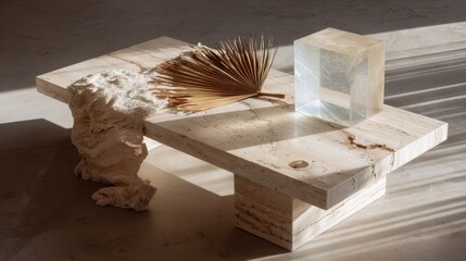 Wall Mural - Geometric minimalism with marble and dried leaf arrangement