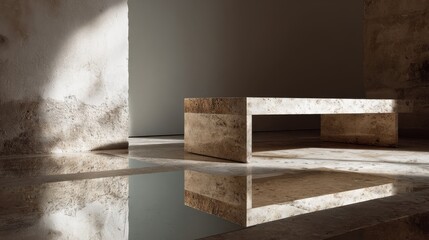 Wall Mural - Minimalist stone table in sunlit room with reflective floor surface