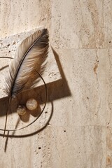 Wall Mural - Elegant still life with feather and stone on marble background - modern interior design inspiration