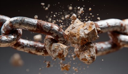 Rusty chain breaking apart with rocks exploding