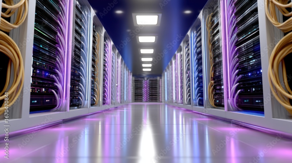 Futuristic Data Center Corridor with Illuminated Server Racks and Fiber ...