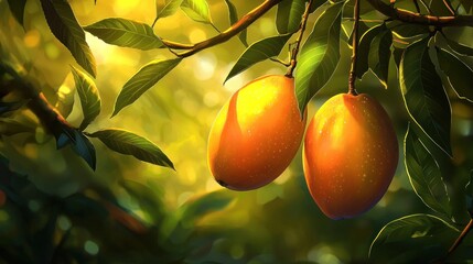 Ripe mangoes on a branch in sunlight.