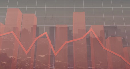 Wall Mural - Displaying transparent red bars fluctuating over grid overlay in city skyline, with red line graph