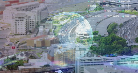 Wall Mural - Floating translucent globe overlaying highway interchange, displaying stock tickers over cityscape