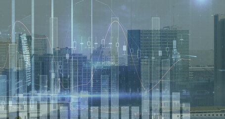 Wall Mural - City skyline displaying financial overlays in cityscape, with candlestick charts and numeric labels