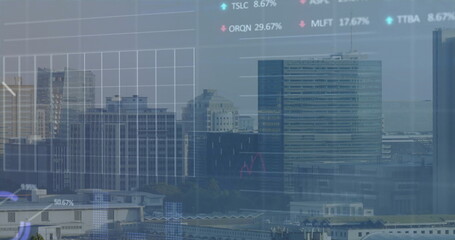 Wall Mural - Displaying translucent financial chart over downtown skyline, with line graphs and ticker labels