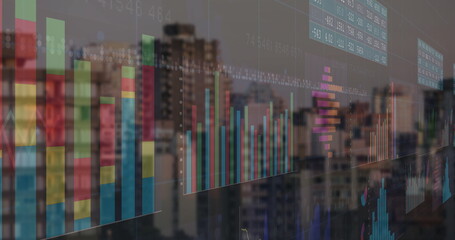 Wall Mural - Displaying translucent overlay floating over city skyline with bar, line and histogram charts