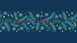 © Etika - Festive horizontal border with green foliage red berries snowflakes and stars on navy blue background