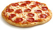 © licwit - Artisan handcrafted pizza with perfectly melted fresh mozzarella cheese and evenly distributed pepperoni slices on clean white background, minimalist product photography style with high definition det