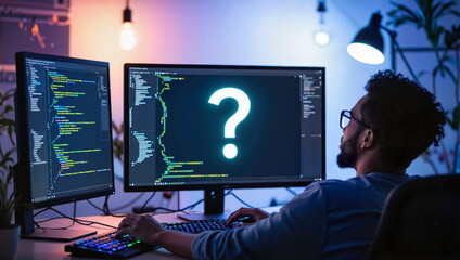 Programmer working with multiple monitors and question mark