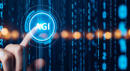 Human finger touches agi artificial general intelligence button concept in futuristic digital environment