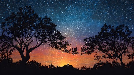 Wall Mural - Silhouetted trees against a vibrant starlit sky at twilight.