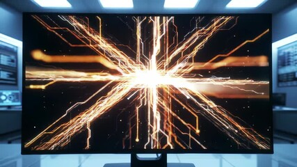Glowing lines converge on a screen in a modern facility