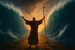© Ram - Moses parting the red sea biblical illustration, spiritual religious concept art dramatic ocean waves miracle depiction, ancient scripture story artistic fantasy scene faith divine power worship inspi