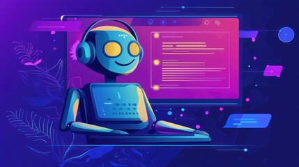 Happy robot coding on laptop with headphones.