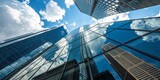 Low Angle Skyscraper Reflection, Glass Facade, Clouds, Architecture, Urban, Cityscape, Business. Skycrapers
