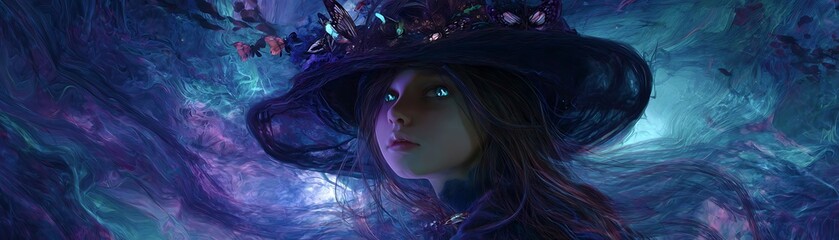 Wall Mural - A young woman with glowing eyes and a mystical hat, surrounded by swirling colors.