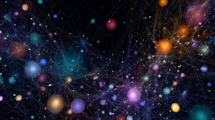 Wall Mural - Colorful network of interconnected spheres in a dark background.