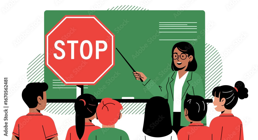 Teacher Explaining Traffic Rules With Stop Sign To Students In The ...