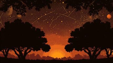 Wall Mural - Silhouette trees at sunset under a starry sky.