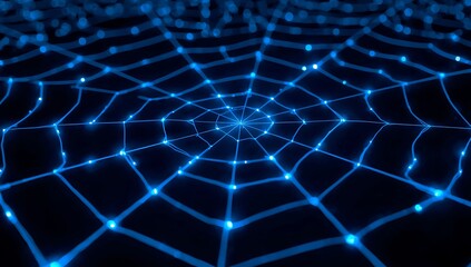 Abstract blue spider web network connection with glowing dots, representing digital communication, internet technology and futuristic data transfer concept