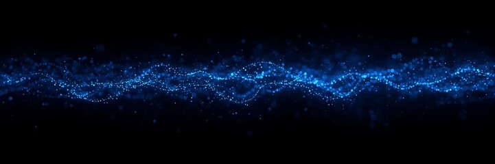 Abstract blue particle wave flowing on black background, representing futuristic technology, data stream, and dynamic energy with glowing sparks and light effects
