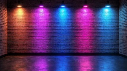 Neon Brick Wall: Colorful Lights and Empty Stage