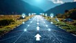 © expojad - Straight road with location pins and arrows symbolizing future direction and progress