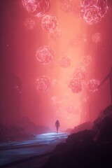 Wall Mural - Silhouetted figure walking a path in a futuristic, ethereal landscape.