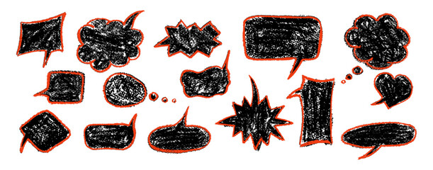 Wall Mural - black squiggle speech bubble and cloud shapes with red outline in charcoal texture. blackboard vecto
