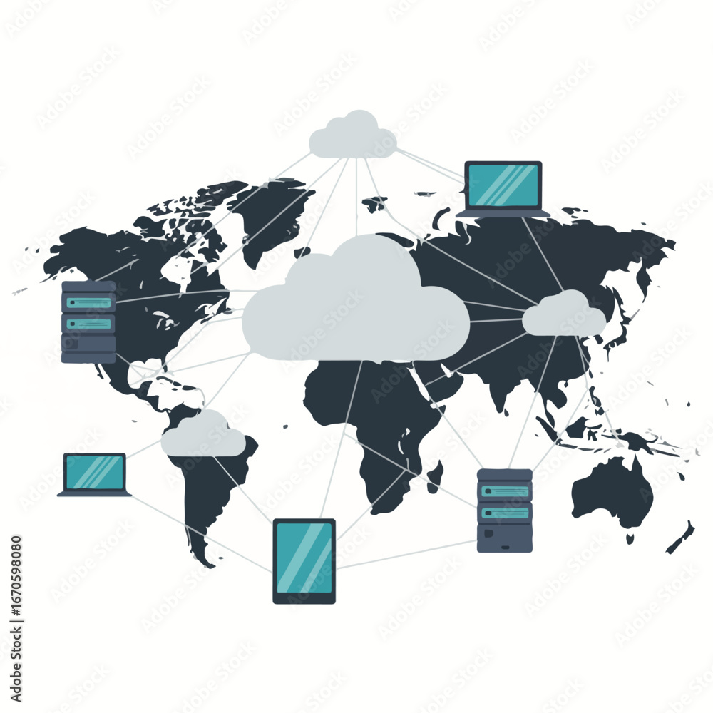 World Map Device Illustration of a world map with network connections to clouds and ...