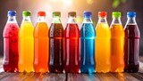 Colorful soda bottles arranged in a row, each filled with a different bright liquid and matching cap, on a wooden surface with warm lighting and greenery in the background.