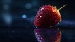 © Dandelions1706 - A glistening, vibrant strawberry, covered in water droplets, rests on a dark surface, its reflection mirroring the intense darkness and light.